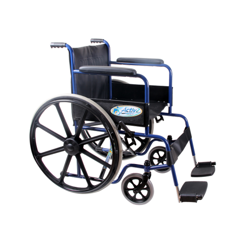 Silla de Ruedas Económica con Brazos y Descansapies Fijos - Rueda Mag - Azul